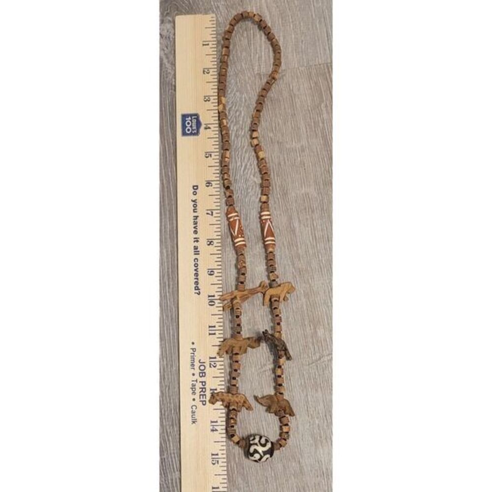 Tribal/ Safari Hand Carved Wooden Animals Bead Necklace 15" Drop